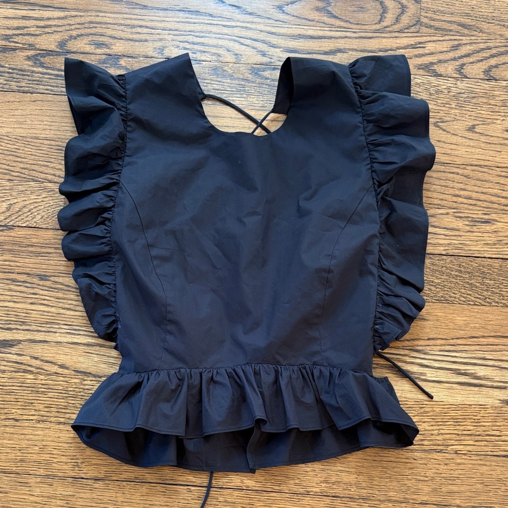 Allina Liu Black Ruffle Flutter Sleeve Peplum Top with laced up back, xS